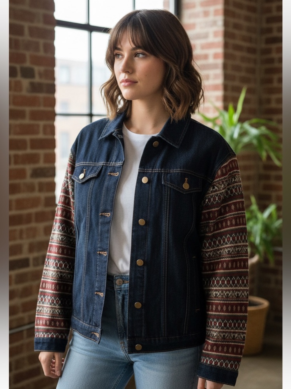 NWT Hayden LA Denim Jacket with Patterned Knit Sleeves - Dark Blue. Size Small